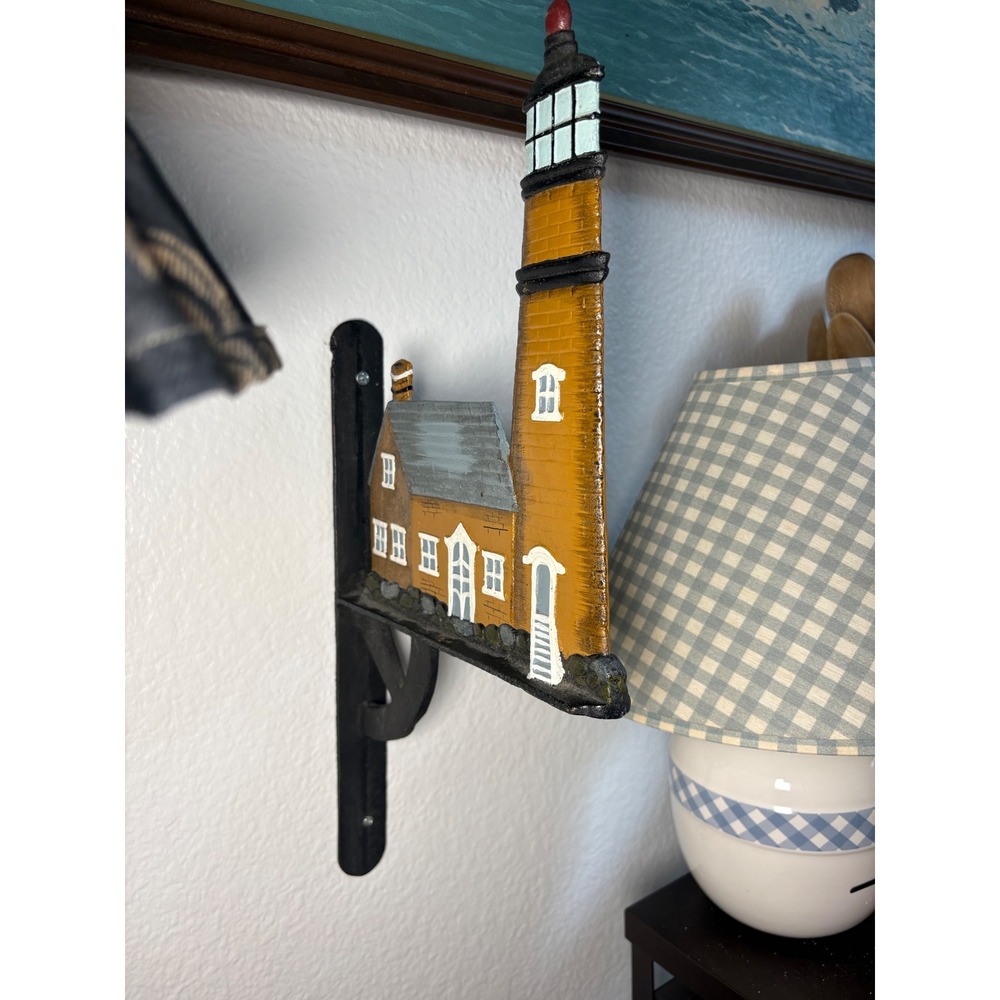 VTG Cast Iron Lighthouse Wall Bracket Nautical Hand Painted Plant Hanger Hook